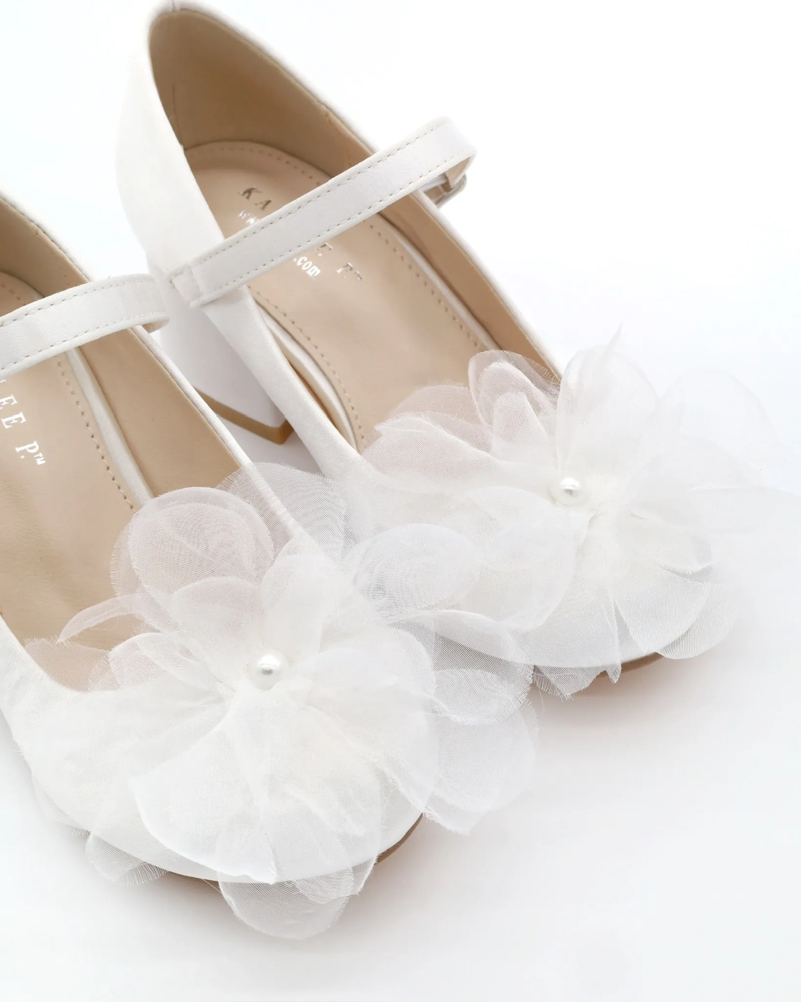 Girls Satin Mary Jane Block Heel with Ophelia Flowers