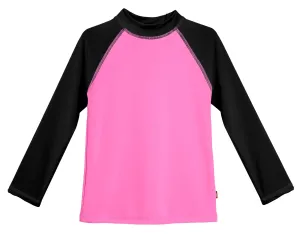 Girls UPF 50  Color Block Long Sleeve Rashguard | Medium Pink with Black