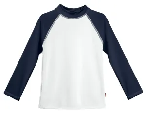 Girls UPF 50  Color Block Long Sleeve Rashguard | White with Navy