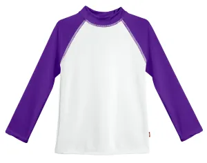 Girls UPF 50  Color Block Long Sleeve Rashguard | White with Purple
