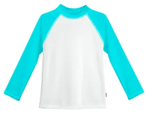 Girls UPF 50  Color Block Long Sleeve Rashguard | White with Turquoise