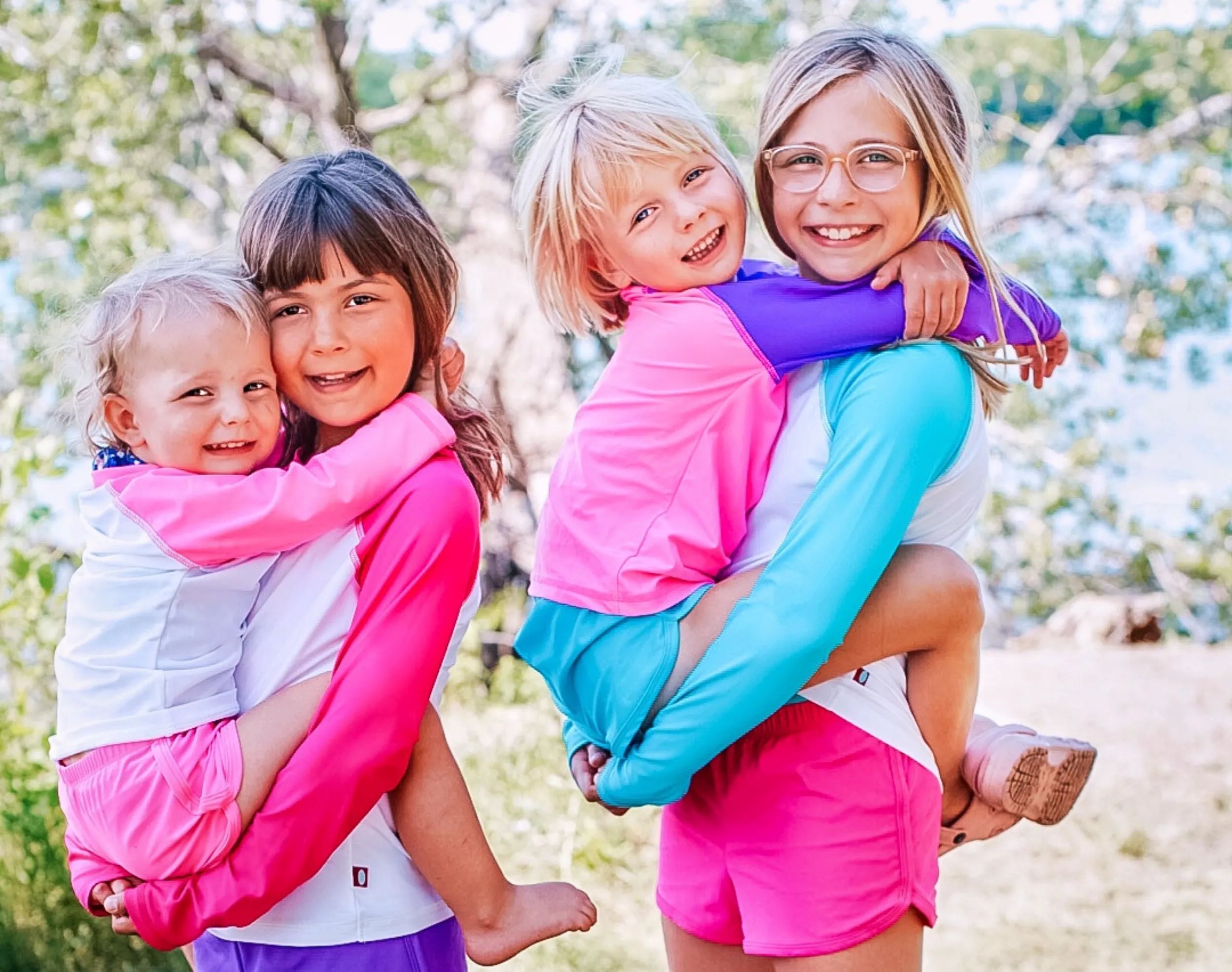 Girls UPF 50  Color Block Long Sleeve Rashguard | White with Turquoise