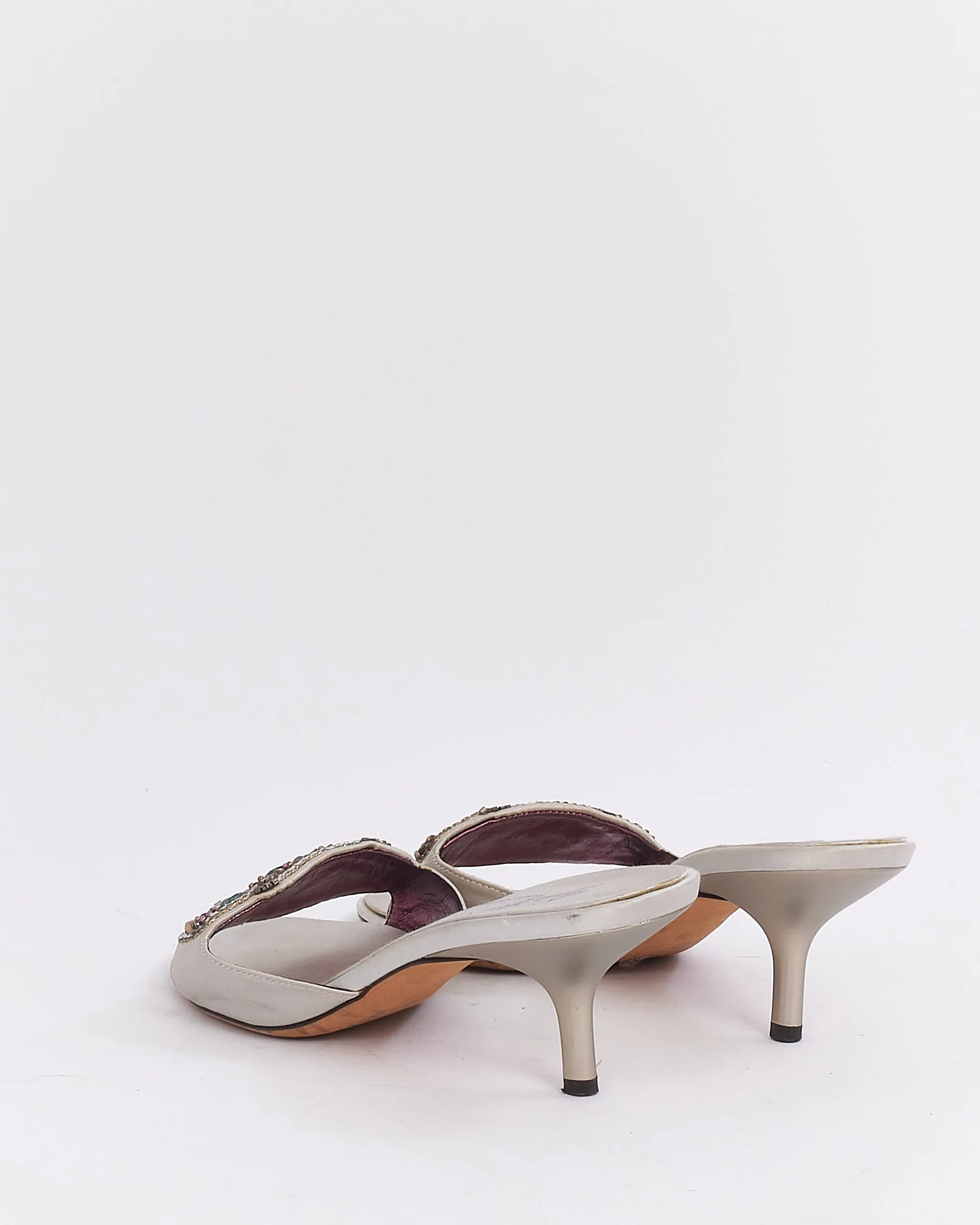 Giuseppe Zanotti Silver Beaded Satin Mule Heels - 38