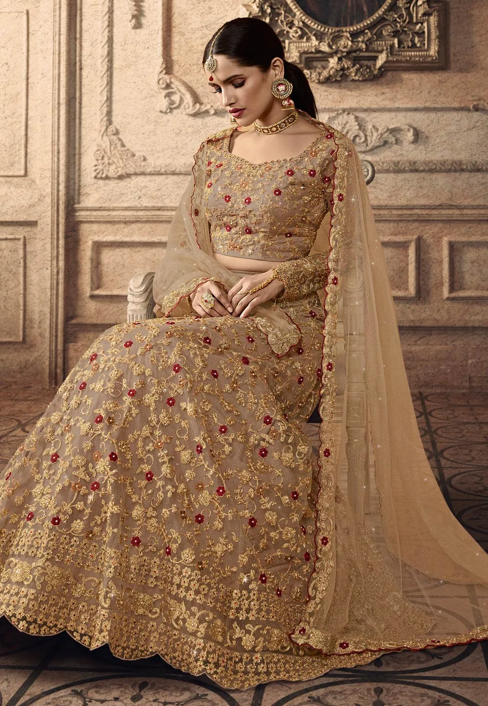 Golden All Floral Wedding Lehenga Set