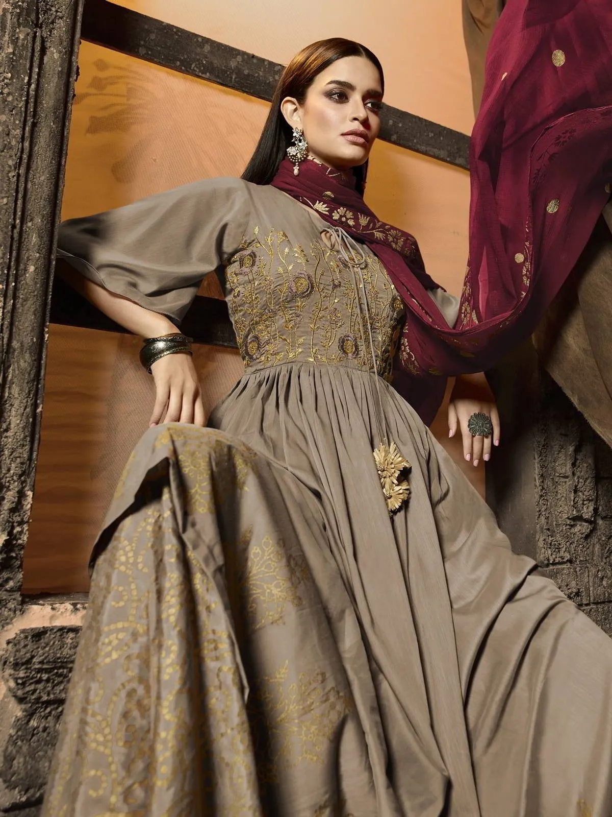Golden And Maroon Zari Embroidered Pakistani Palazzo Suit
