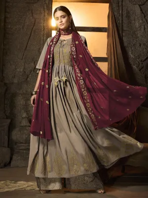 Golden And Maroon Zari Embroidered Pakistani Palazzo Suit