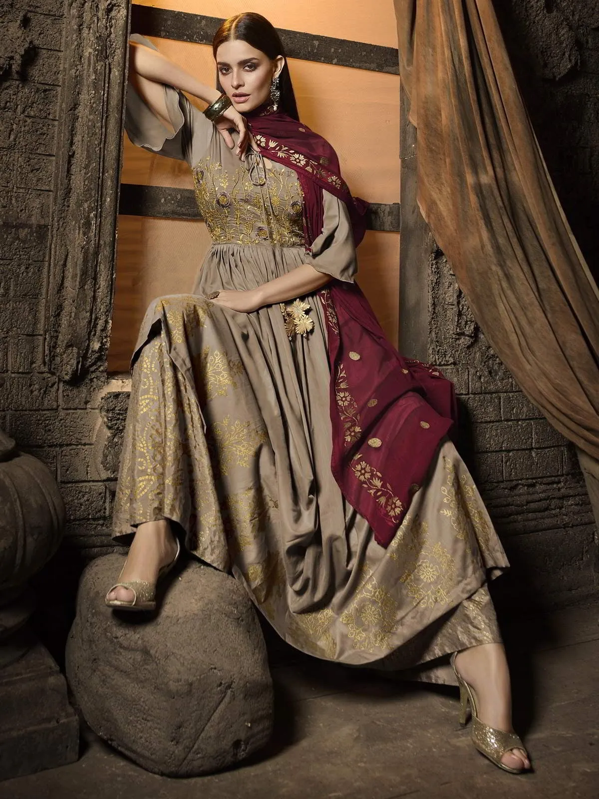 Golden And Maroon Zari Embroidered Pakistani Palazzo Suit
