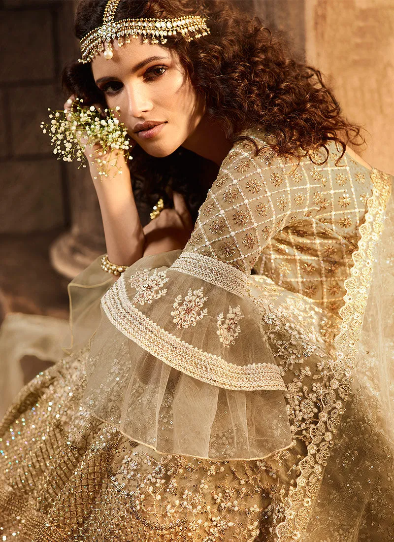 Golden Beige Zari Embroidered Lehenga Choli Set