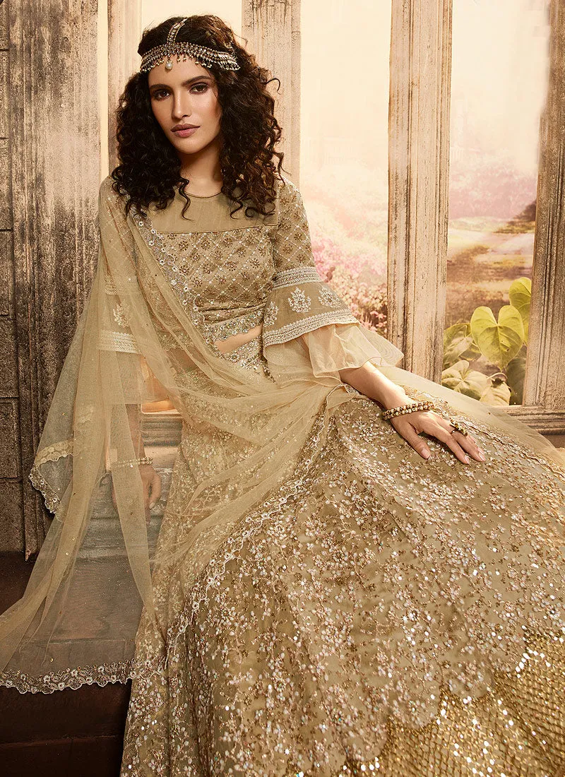 Golden Beige Zari Embroidered Lehenga Choli Set