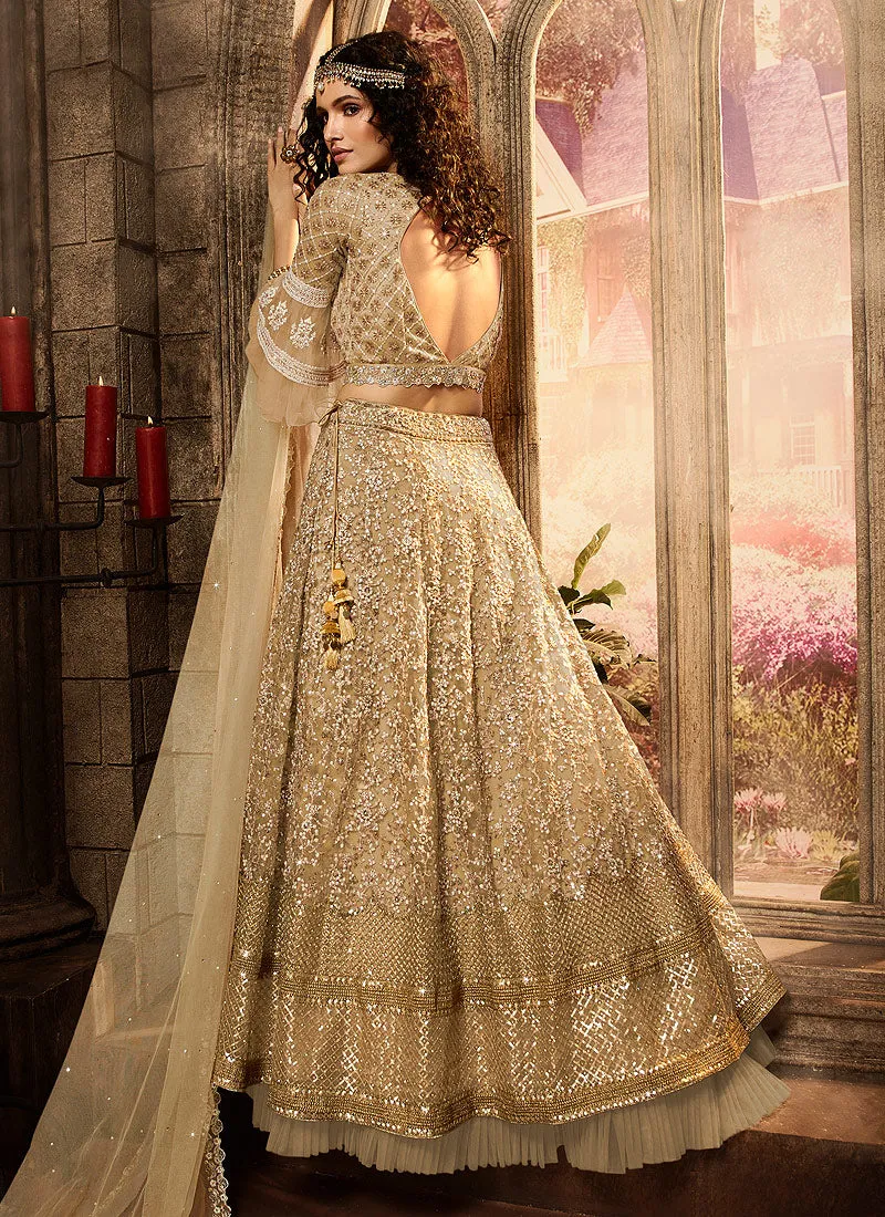 Golden Beige Zari Embroidered Lehenga Choli Set