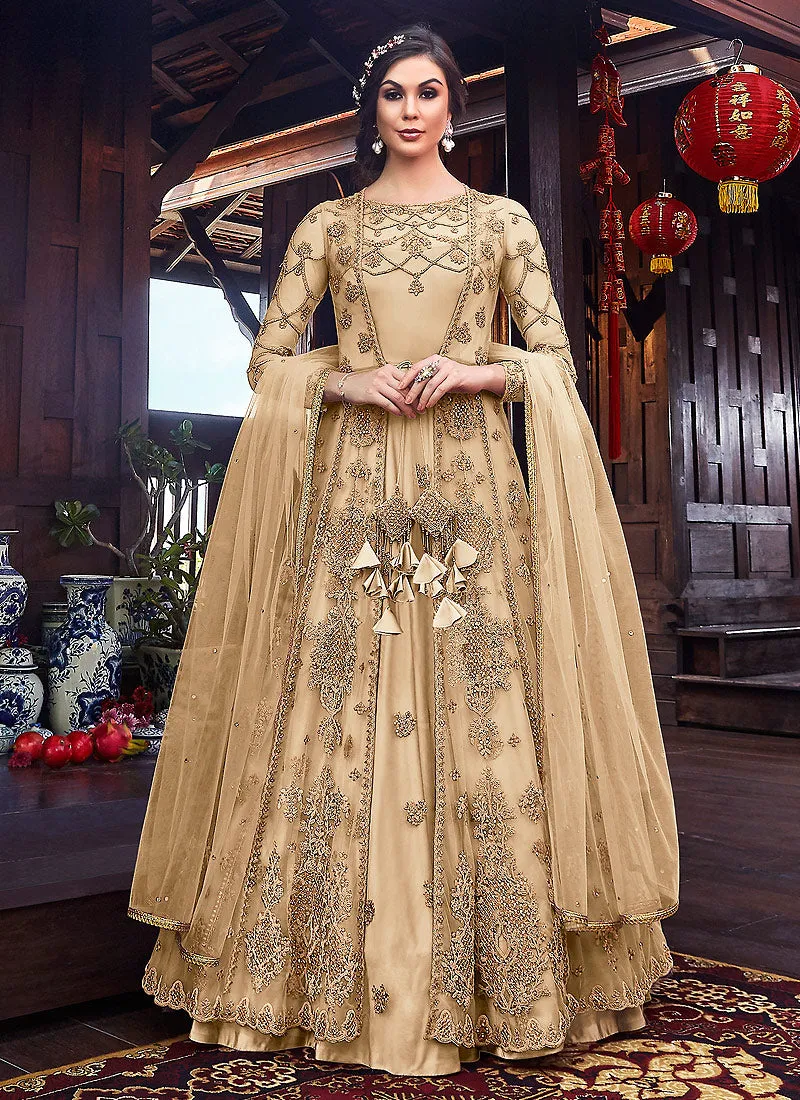 Golden Floral Embroidered Anarkali Suit With Jacket