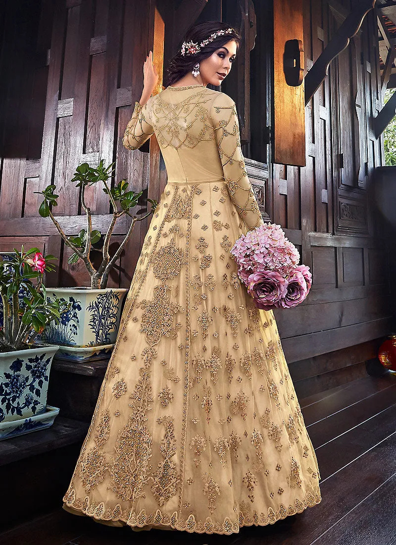 Golden Floral Embroidered Anarkali Suit With Jacket