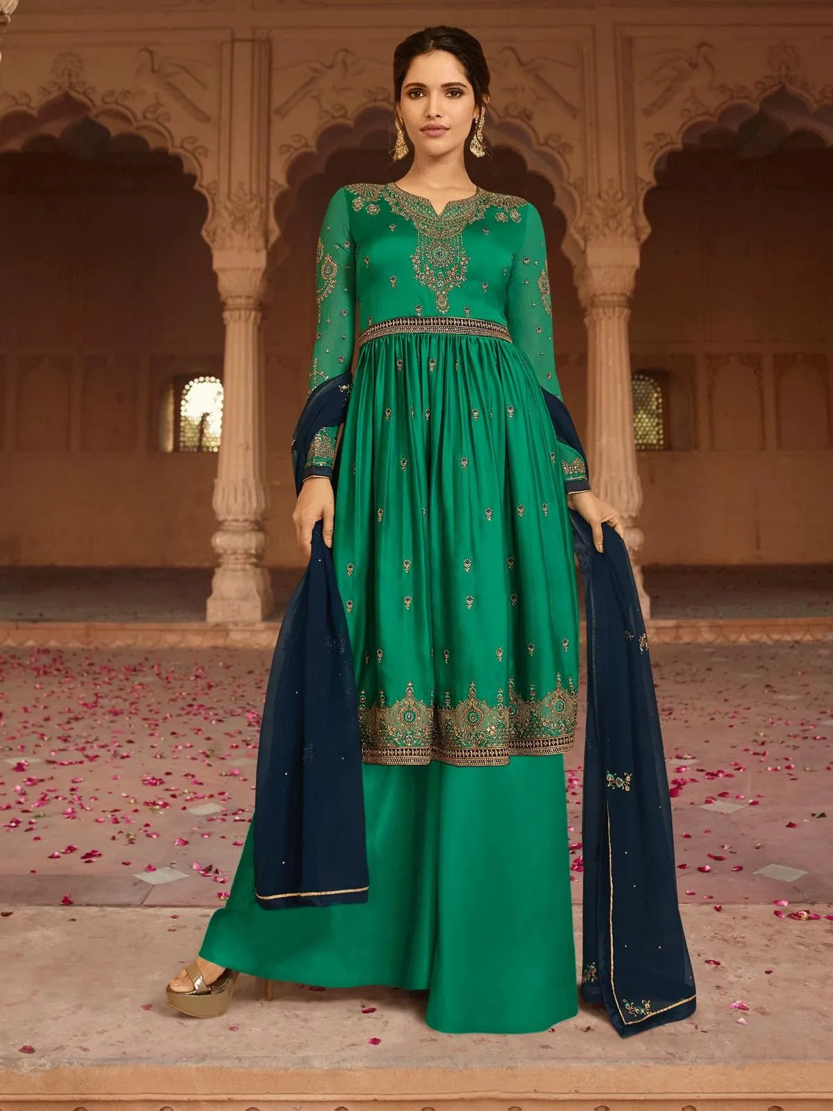 Green And Navy Blue Designer Lehenga/Palazzo Suit