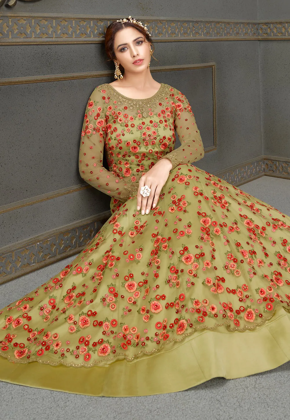 Green Embroidered Anarkali Lehenga