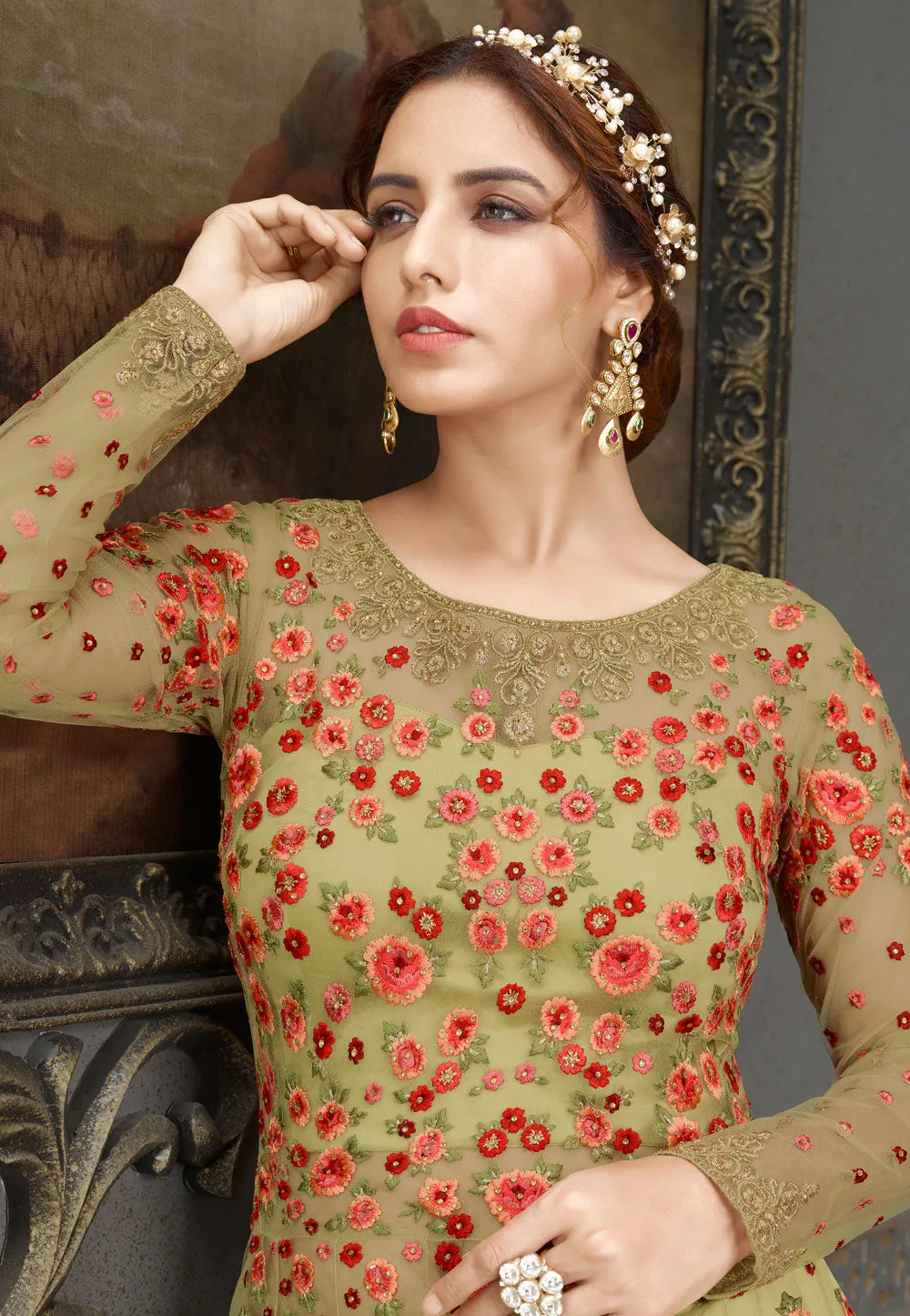 Green Embroidered Anarkali Lehenga
