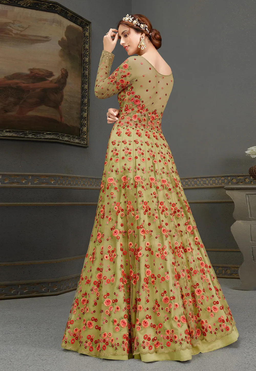 Green Embroidered Anarkali Lehenga