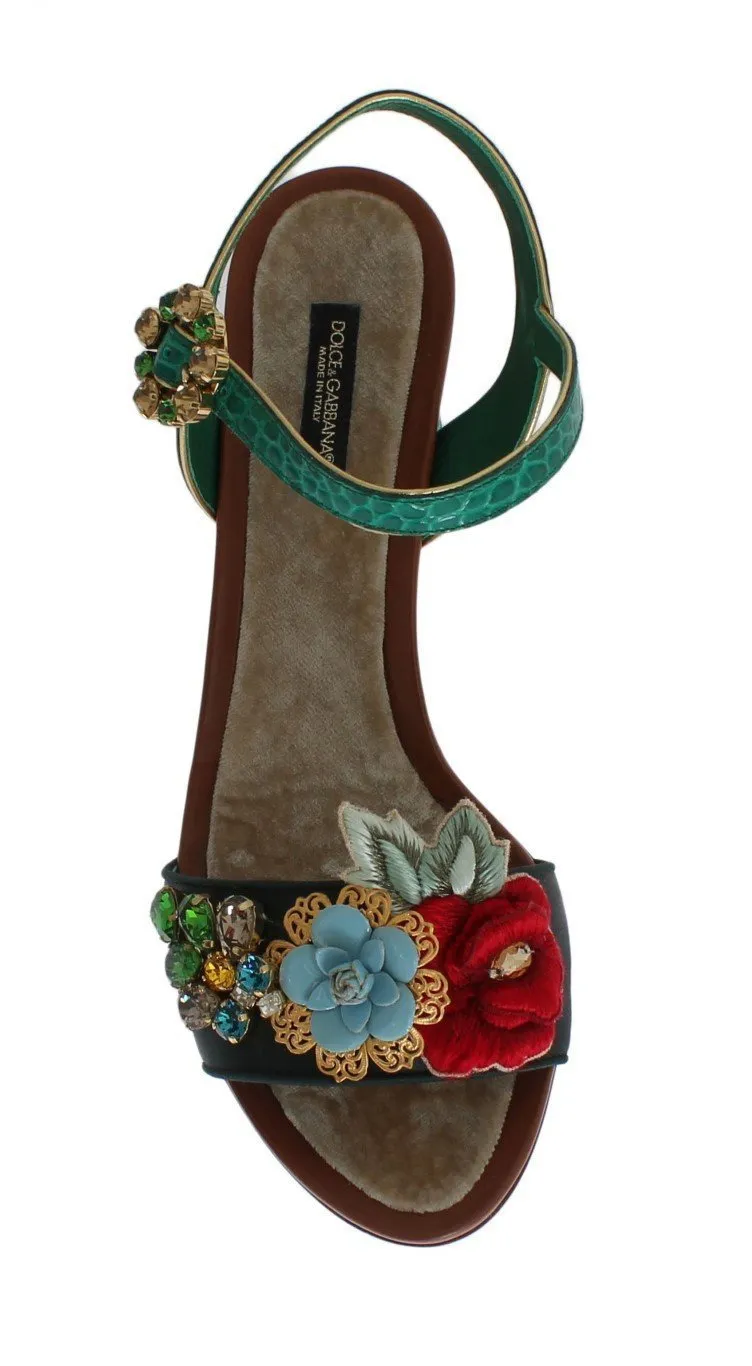Green Floral Crystal Leather Sandals