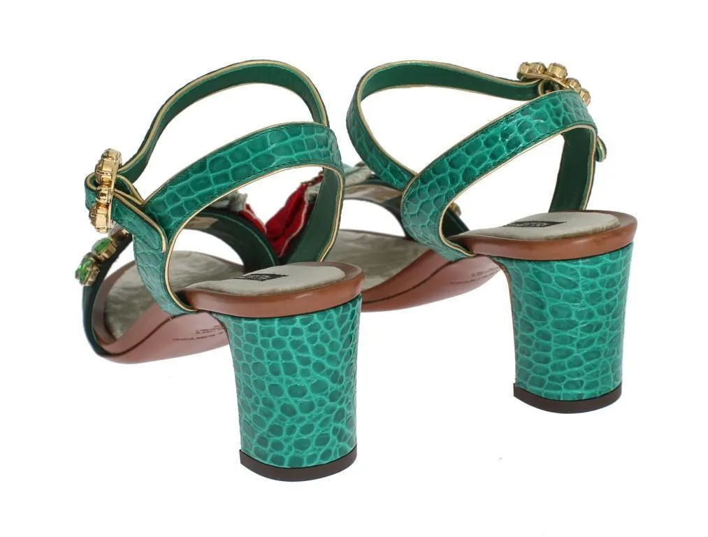 Green Floral Crystal Leather Sandals