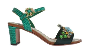 Green Floral Crystal Leather Sandals