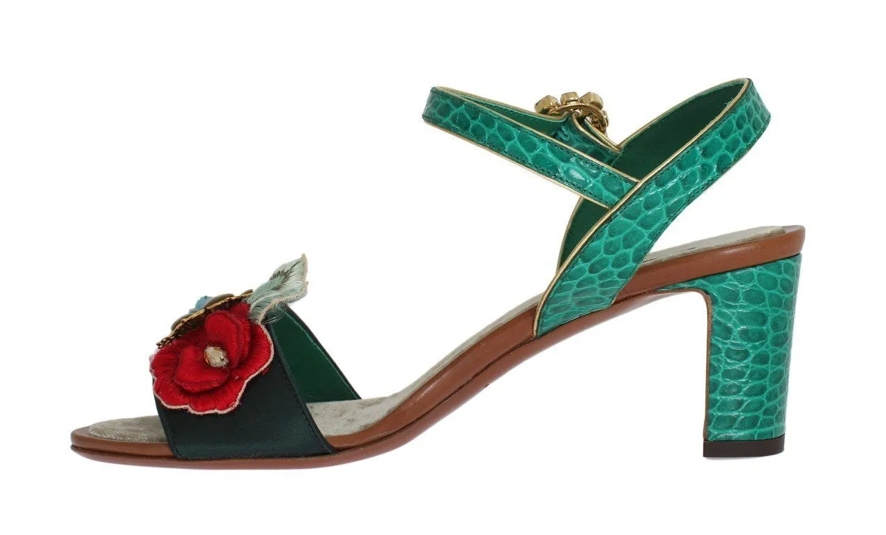 Green Floral Crystal Leather Sandals