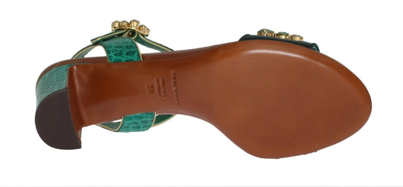 Green Floral Crystal Leather Sandals