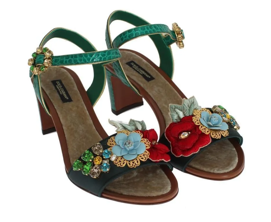 Green Floral Crystal Leather Sandals