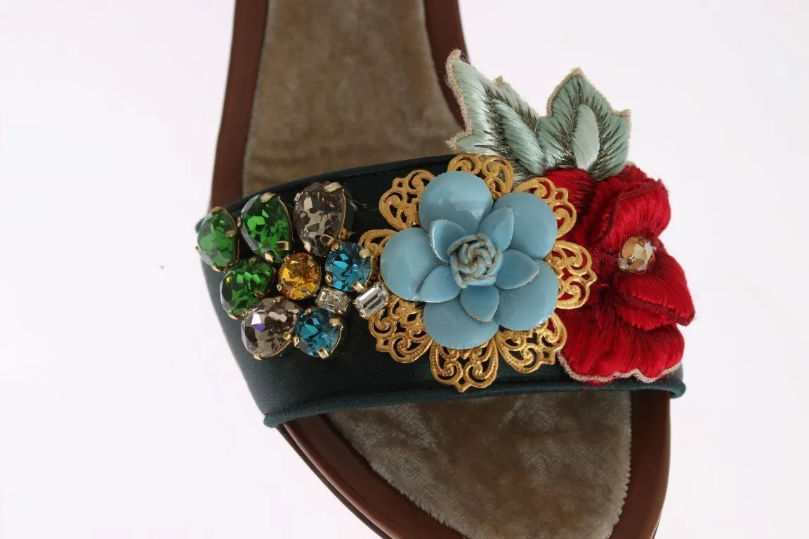 Green Floral Crystal Leather Sandals
