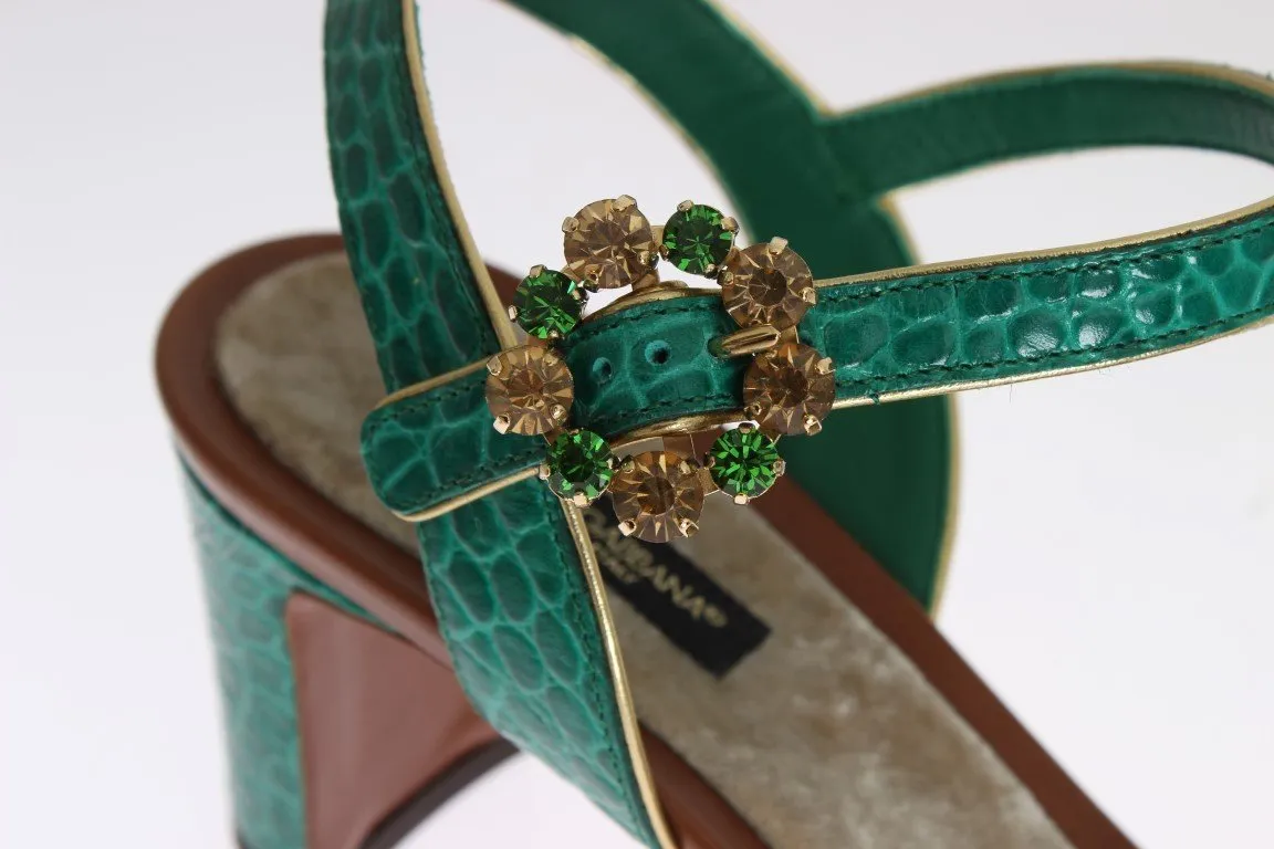 Green Floral Crystal Leather Sandals