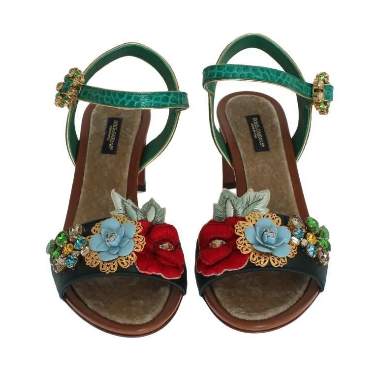 Green Floral Crystal Leather Sandals