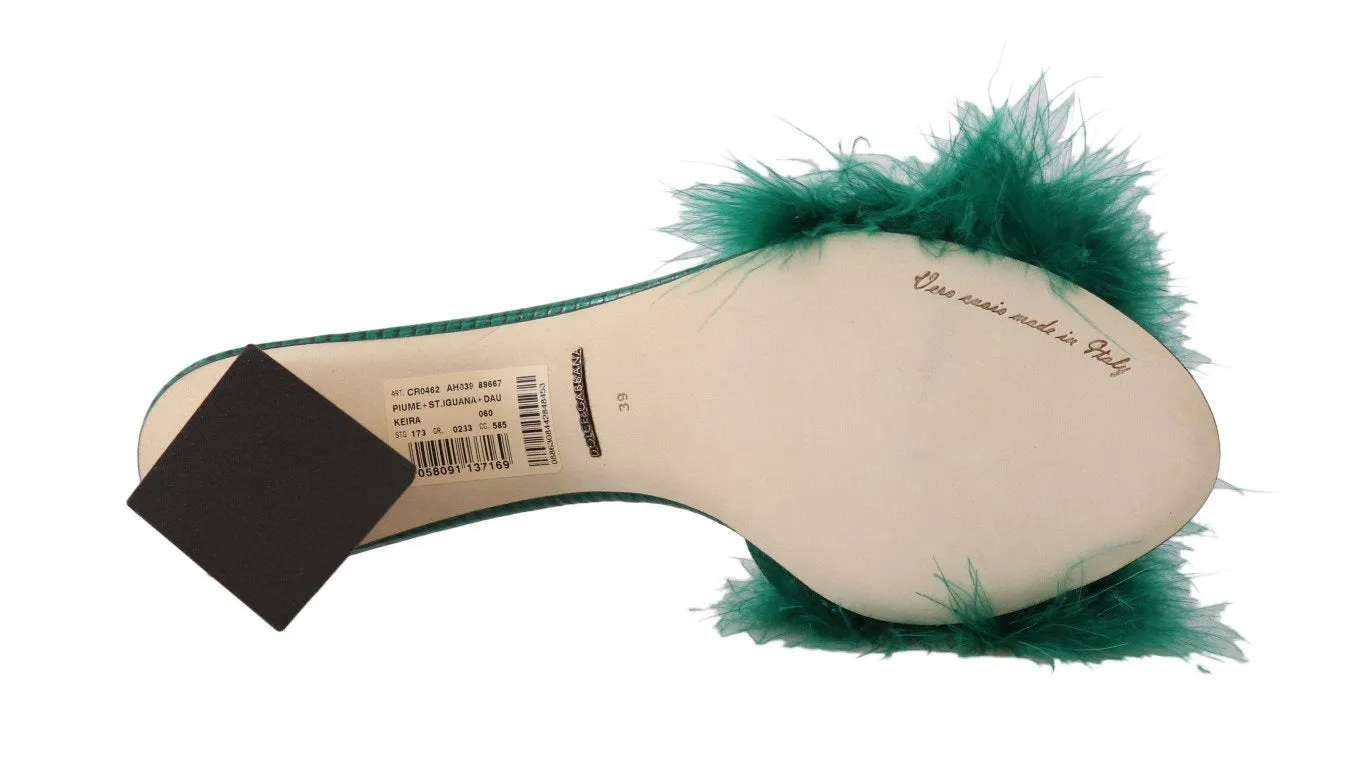Green Iguana Leather Feather Slides