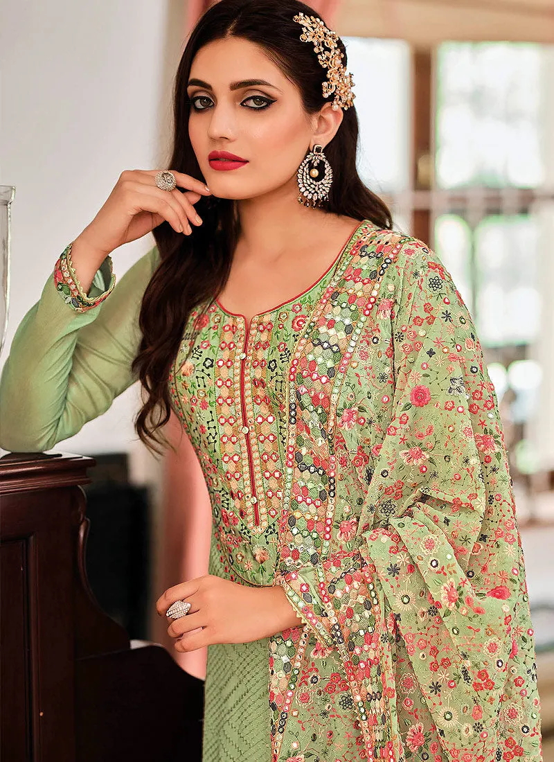 Green Multi Embroidered Traditional Palazzo Suit