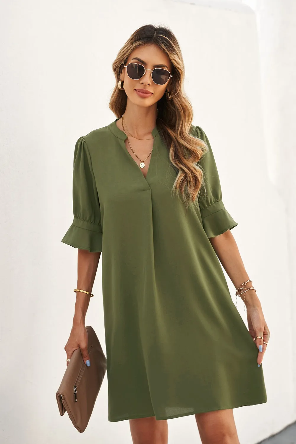 Green Ruffled Sleeve Shift Dress
