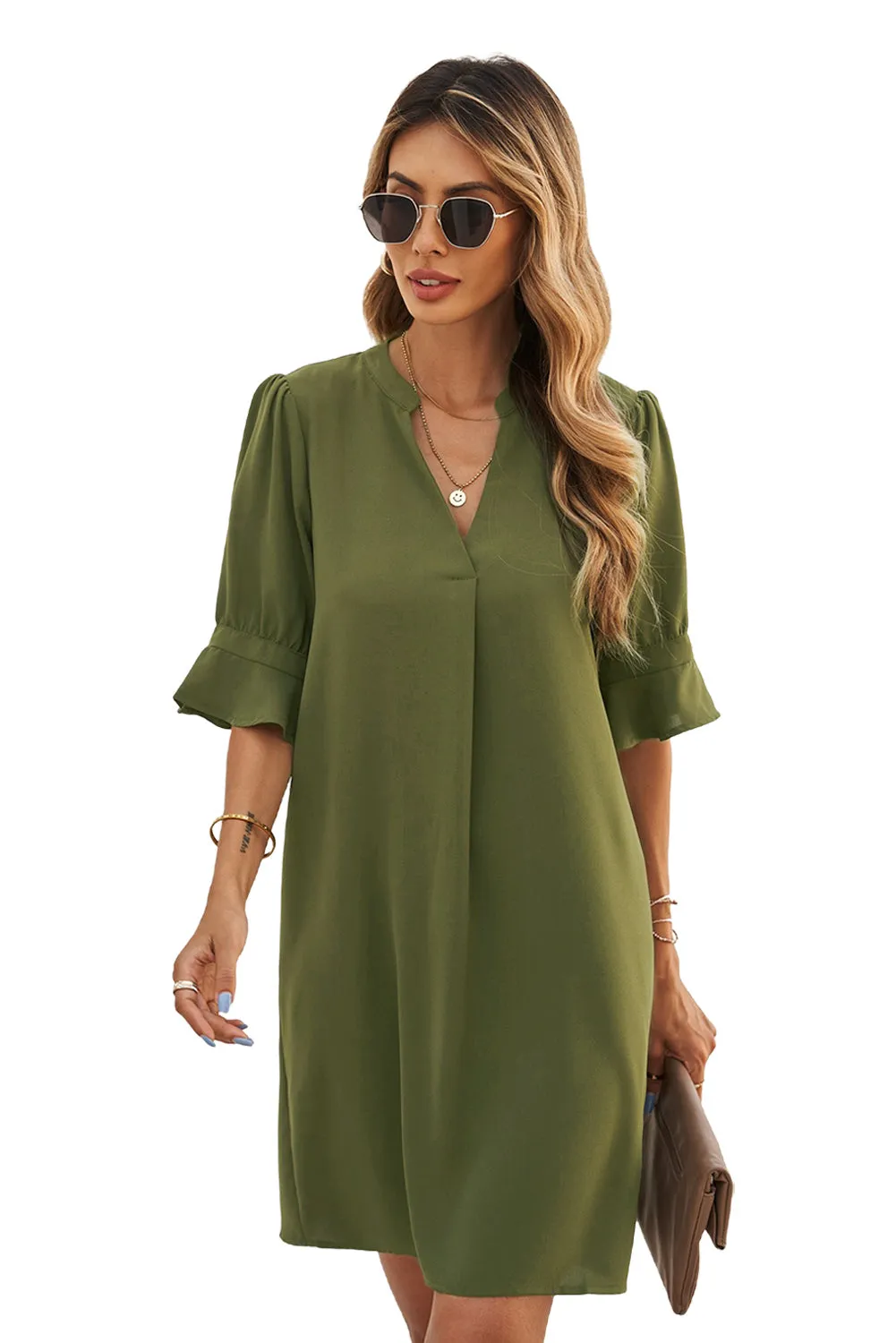 Green Ruffled Sleeve Shift Dress