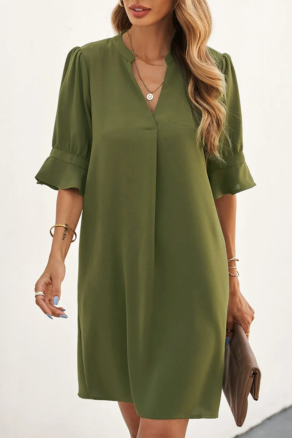 Green Ruffled Sleeve Shift Dress