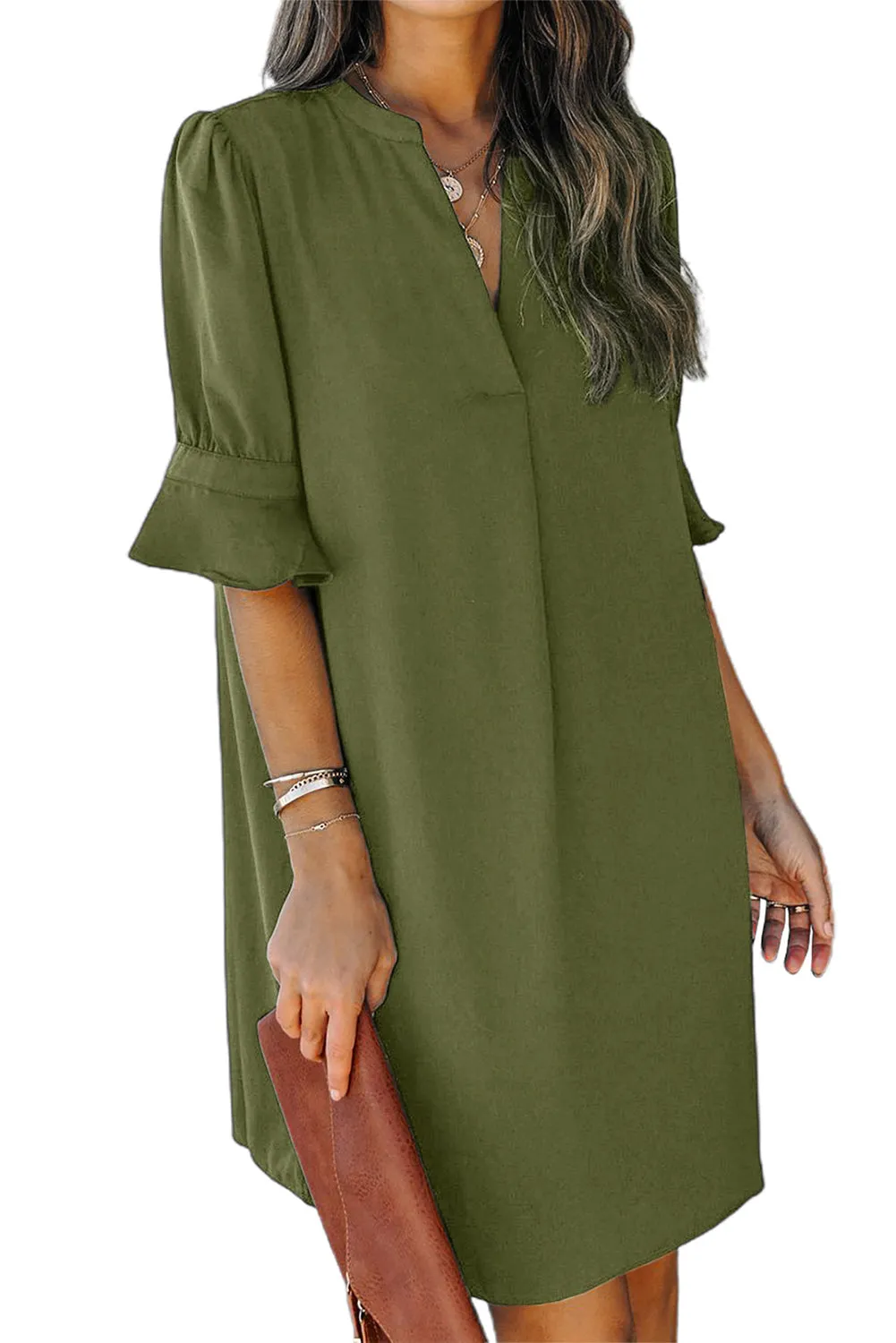Green Ruffled Sleeve Shift Dress