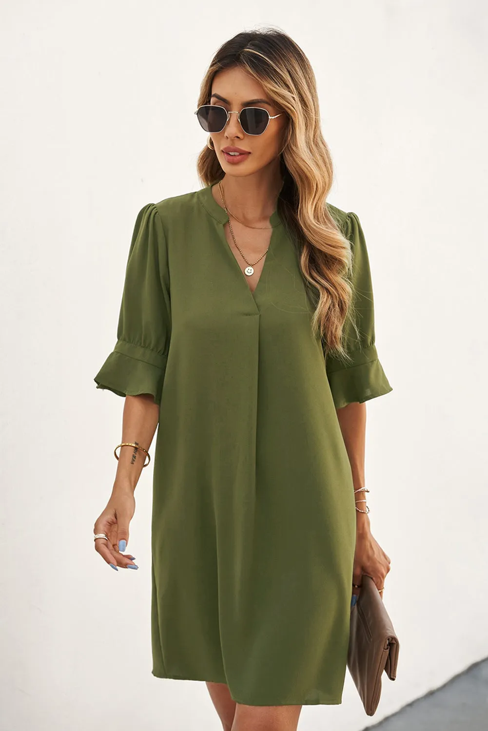 Green Ruffled Sleeve Shift Dress