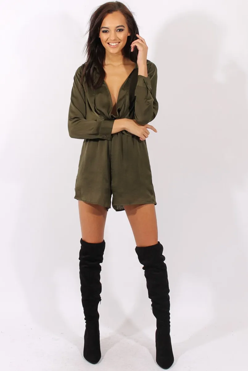 Green Satin Plunge Knot Playsuit  - Candy