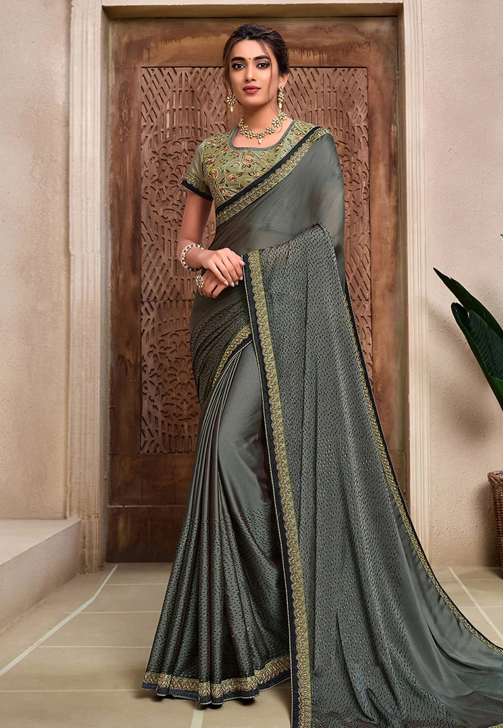 Green Two Tone Zari Embroidered Silk Saree