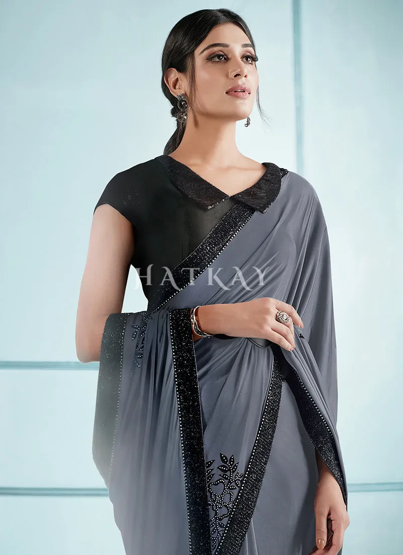 Grey Black Sequence Embroidered Festive Saree