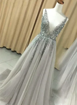 Grey Prom Dress , Fashionable Tulle Long Party Dress, Formal Dress