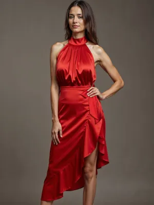 Halter Satin Ruffle Hem Bodycon Midi Dress