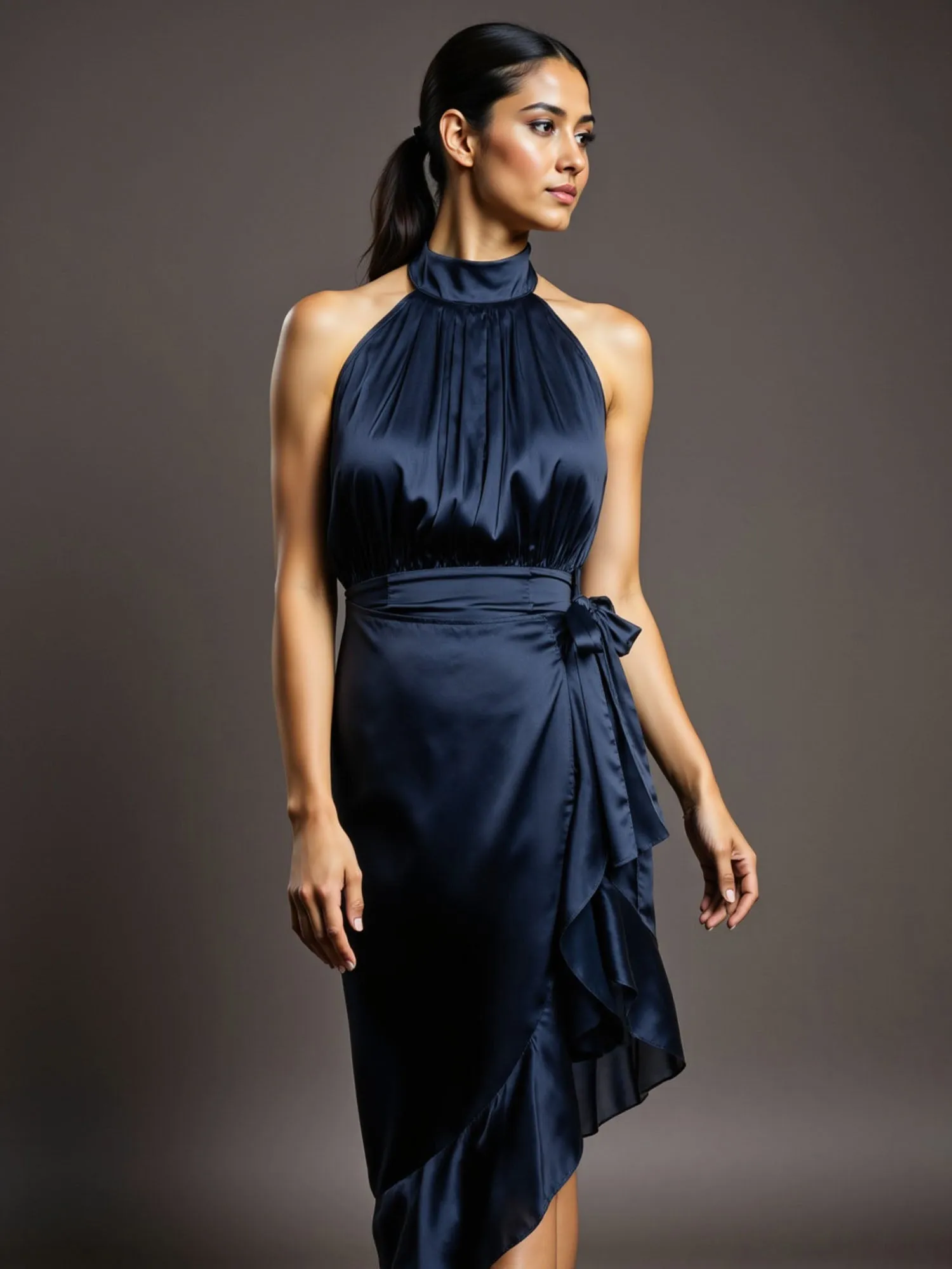Halter Satin Ruffle Hem Bodycon Midi Dress