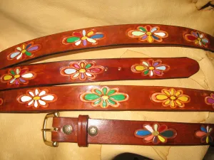 Hand-Painted Floral Design Women's Tooling Leather Belt