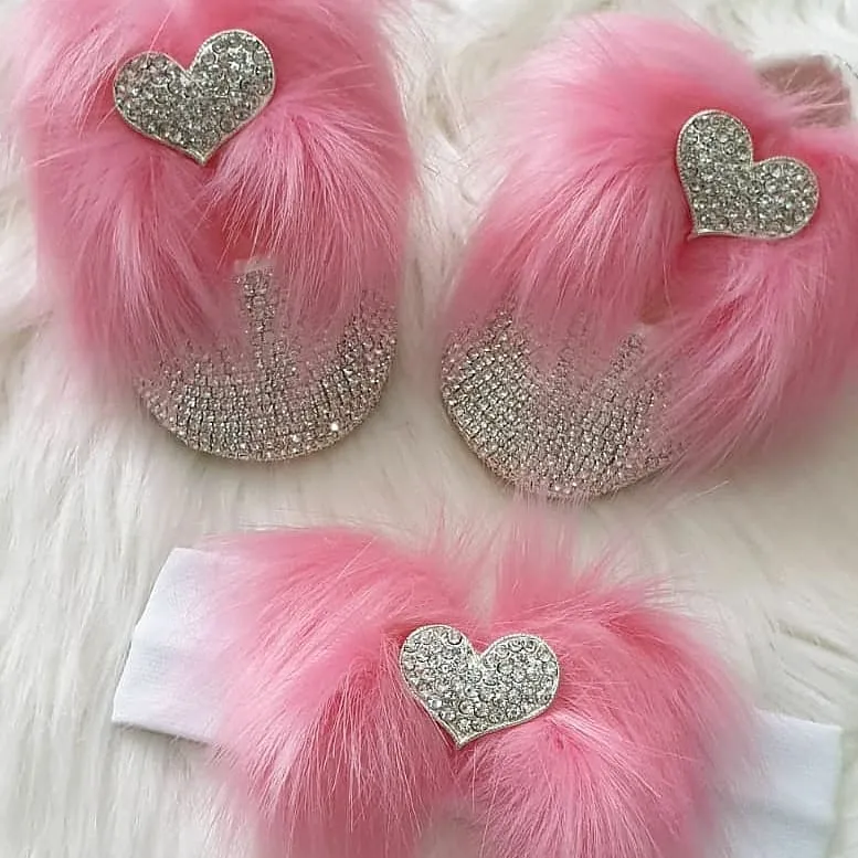 Handmade Cute Bling Baby Fur Shoes and Headband