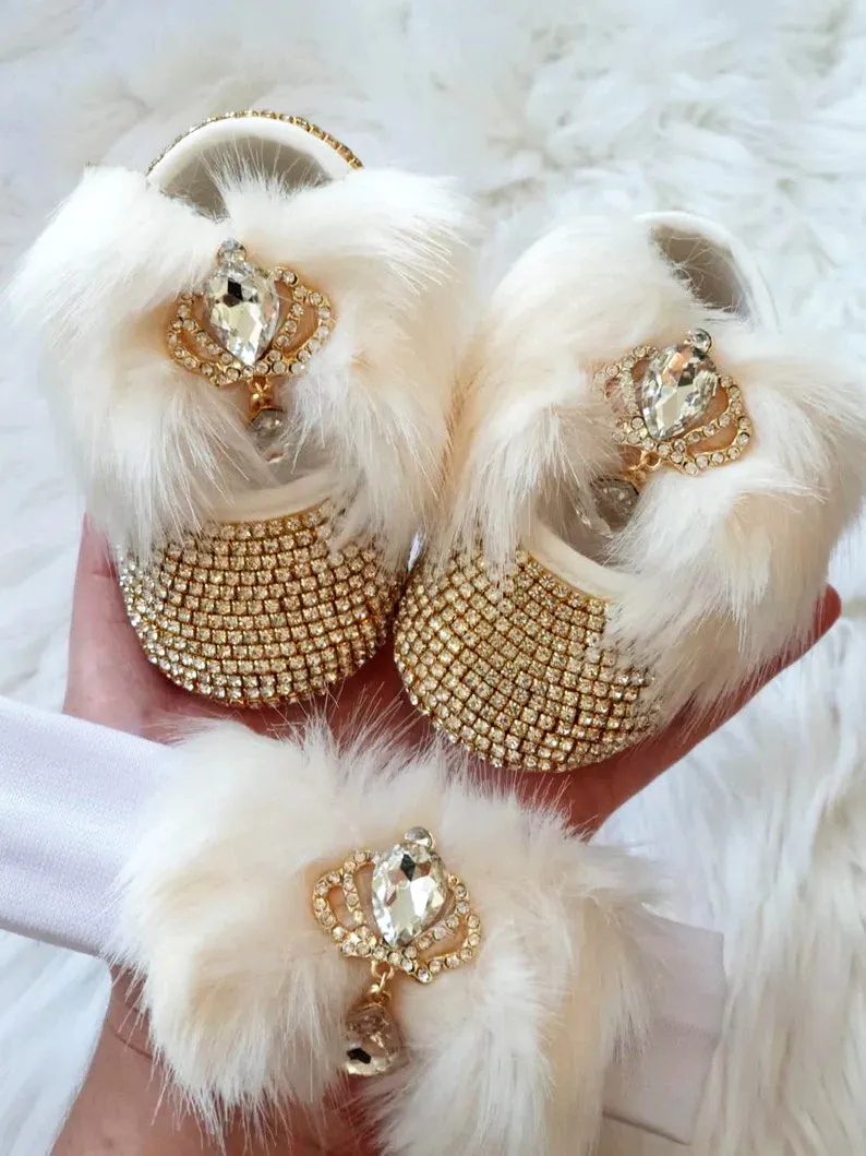 Handmade Cute Bling Baby Fur Shoes and Headband