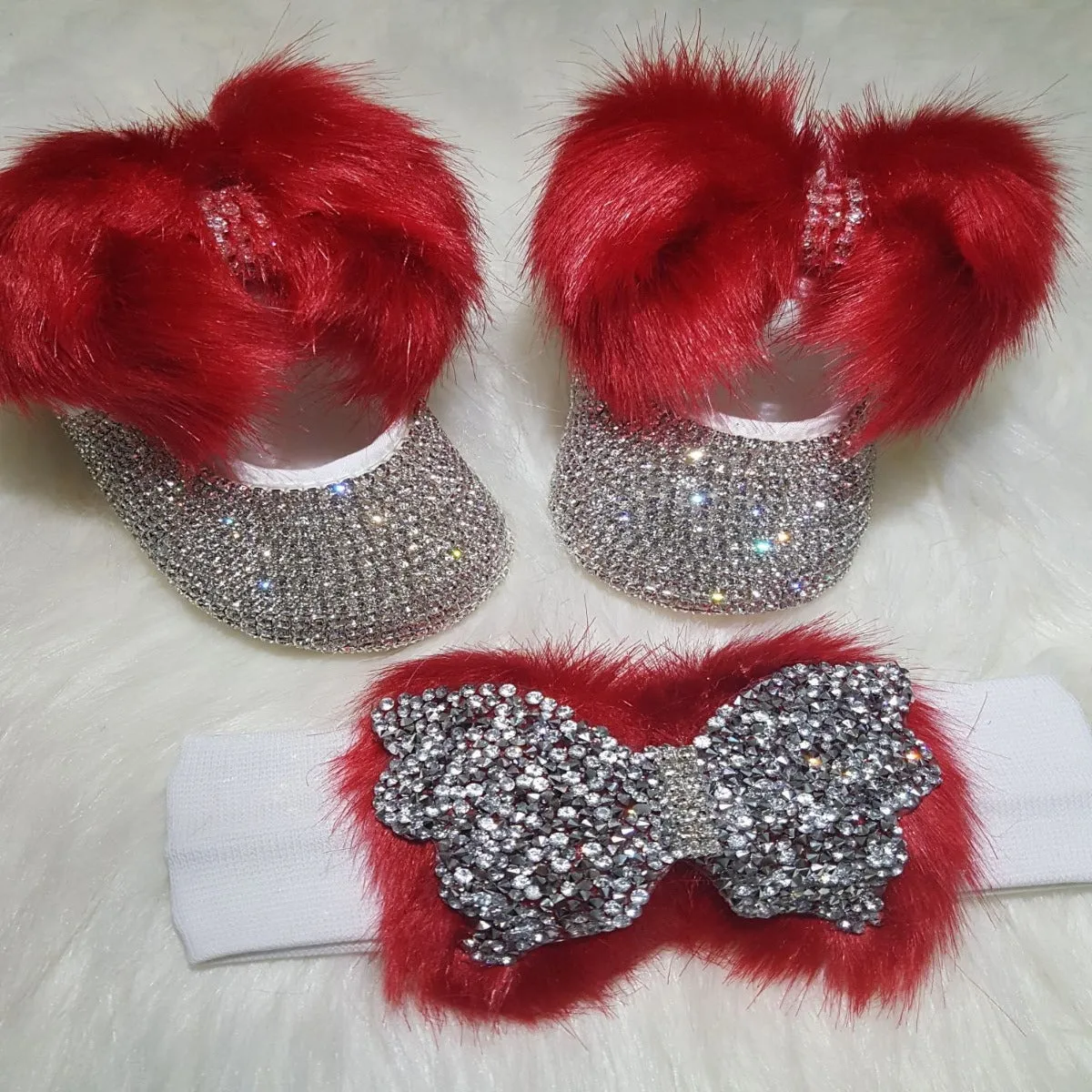 Handmade Cute Bling Baby Fur Shoes and Headband