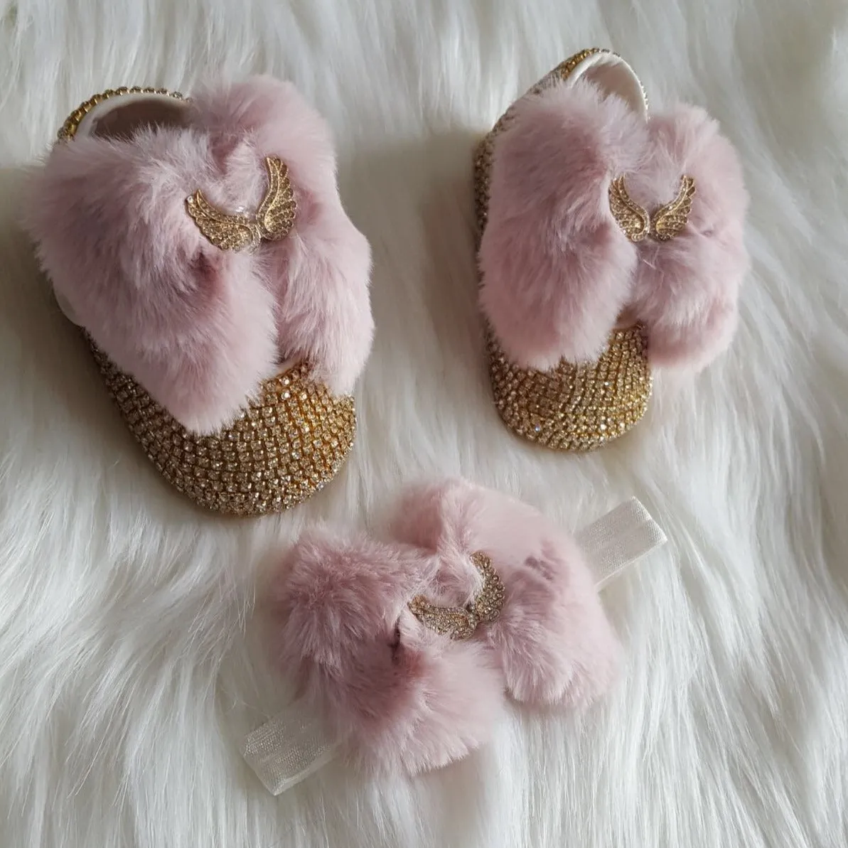 Handmade Cute Bling Baby Fur Shoes and Headband