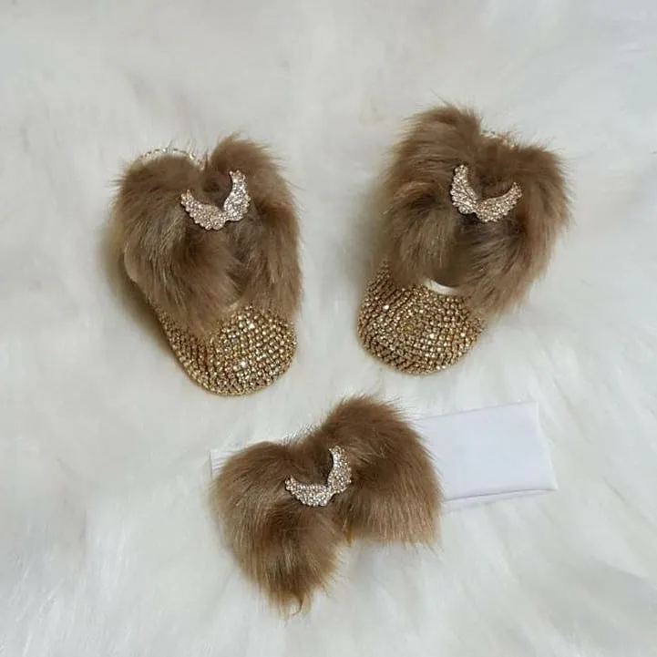 Handmade Cute Bling Baby Fur Shoes and Headband
