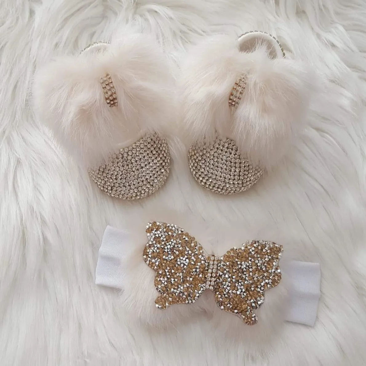 Handmade Cute Bling Baby Fur Shoes and Headband
