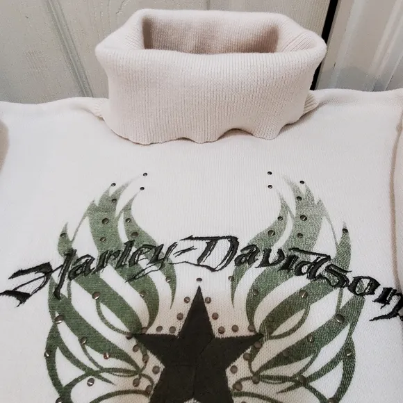 Harley Davidson Cream Pullover‎ Turtle Neck Sweater Cotton Women's Size L